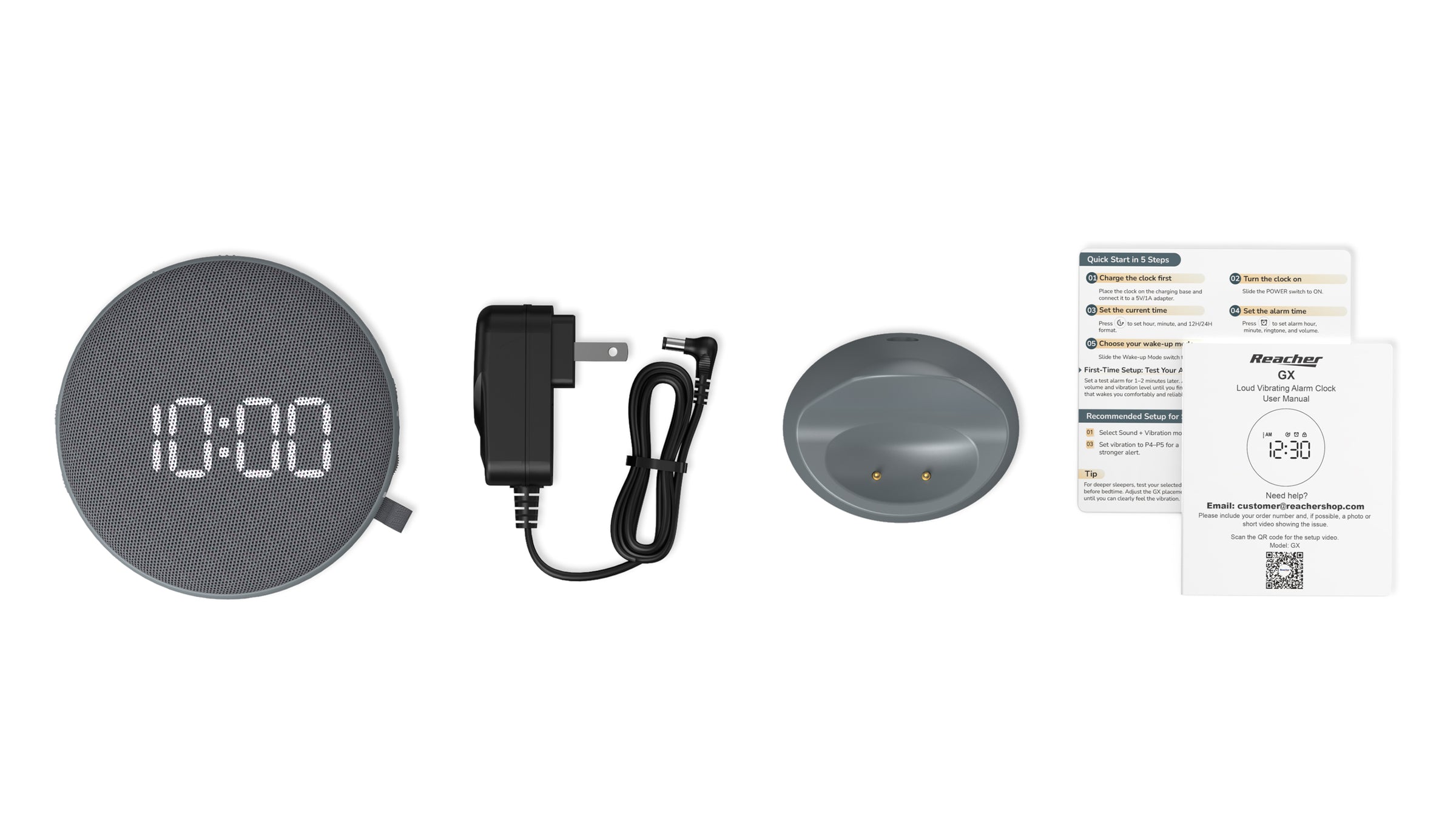 GX box contents: vibrating alarm clock, power adapter, magnetic charging base, cue card, and user manual