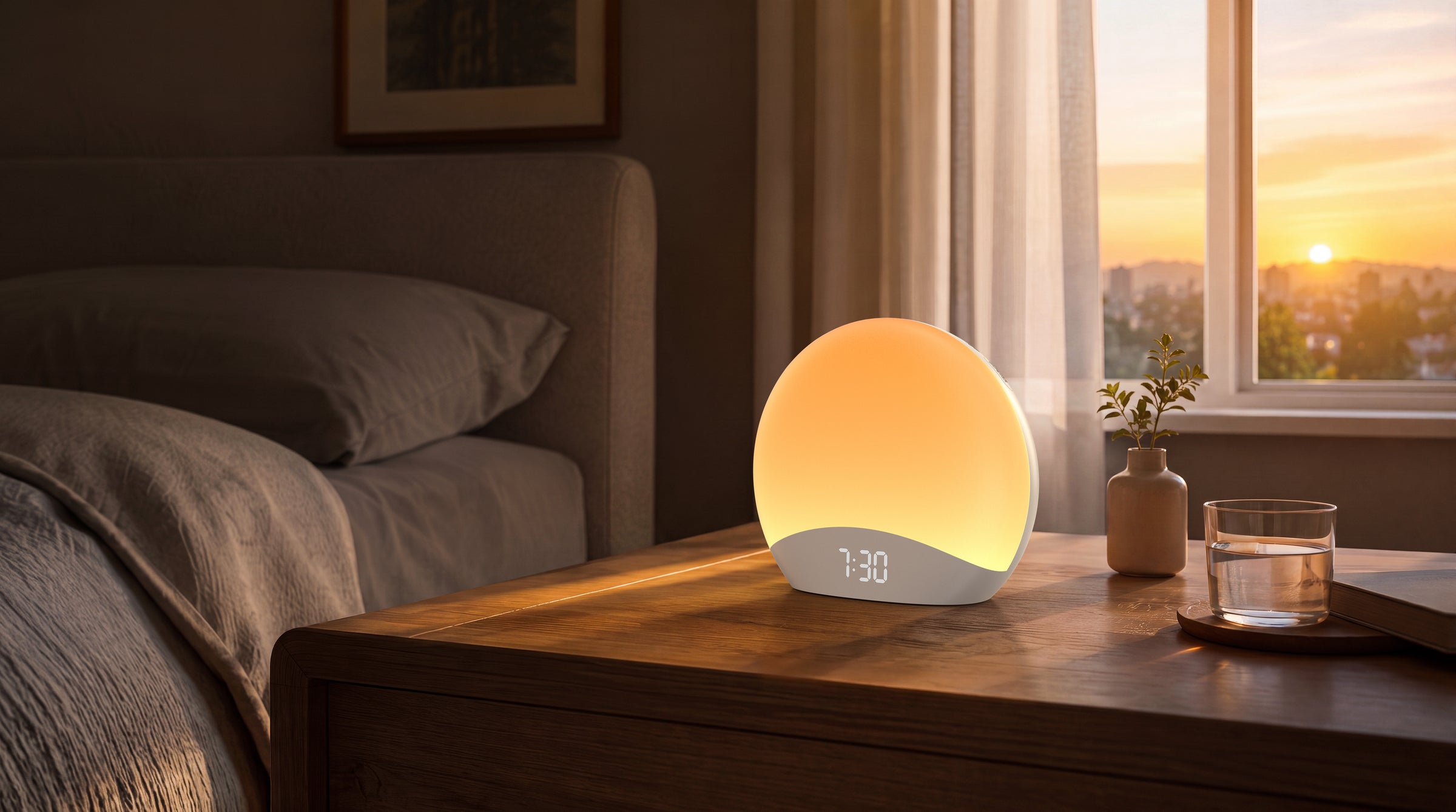 Reacher R7 sunrise alarm clock glowing softly on a bedroom nightstand